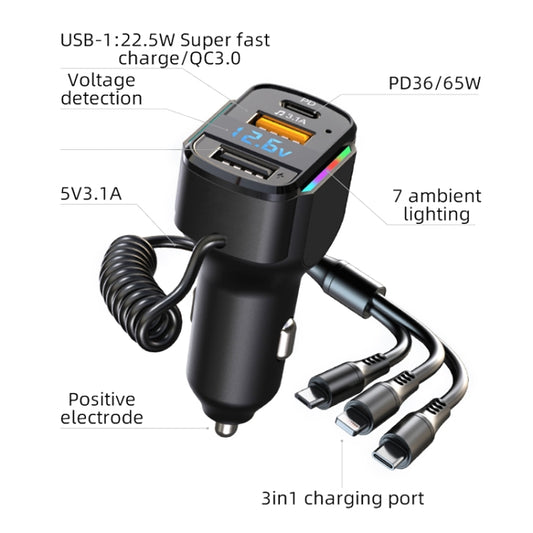 K4 Car 3 in 1 PD + USB Dual Port Fast Charger with Spring Data Cable by buy2fix
