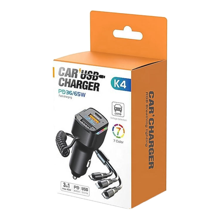 K4 Car 3 in 1 PD + USB Dual Port Fast Charger with Spring Data Cable by buy2fix
