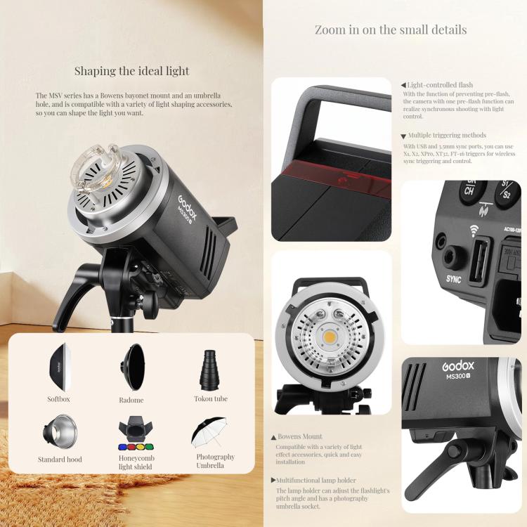 Godox MS300-V Studio Flash Light 300Ws Bowens Mount Strobe Light with Lamp Cover (EU Plug) - Shoe Mount Flashes by Godox | Online Shopping UK | buy2fix