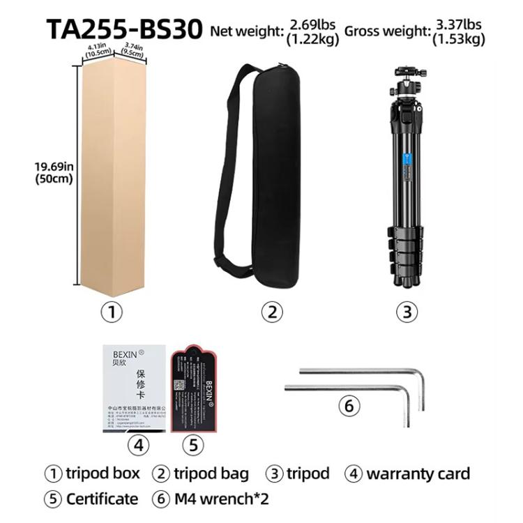 BEXIN TA255-BS30 Portable Collapsible Aluminum Alloy Camera Tripod with Head (Black) - Tripods by BEXIN | Online Shopping UK | buy2fix