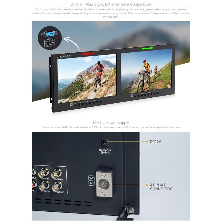FEELWORLD D101 PLUS Dual 10.1 inch 4RU Rackmount Monitor 4K HDMI SDI 1920 x 1200 IPS Monitor (UK Plug) - On-camera Monitors by FEELWORLD | Online Shopping UK | buy2fix