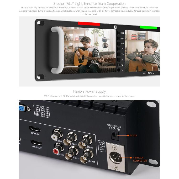 FEELWORLD T51 PLUS Triple 5.5 inch 2RU Rackmount Monitor Full HD 3G-SDI 4KHDMI AV Monitor (UK Plug) - On-camera Monitors by FEELWORLD | Online Shopping UK | buy2fix
