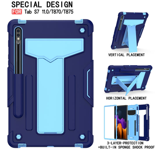 For Samsung Galaxy Tab S8 / Galaxy Tab S7 T870 / T875 T-shaped Bracket Contrast Color Shockproof PC + Silicone Protective Case(Navy+Blue) by buy2fix