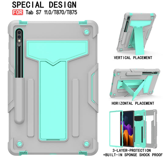 For Samsung Galaxy Tab S8 / Galaxy Tab S7 T870 / T875 T-shaped Bracket Contrast Color Shockproof PC + Silicone Protective Case(Grey+Mint Green) by buy2fix