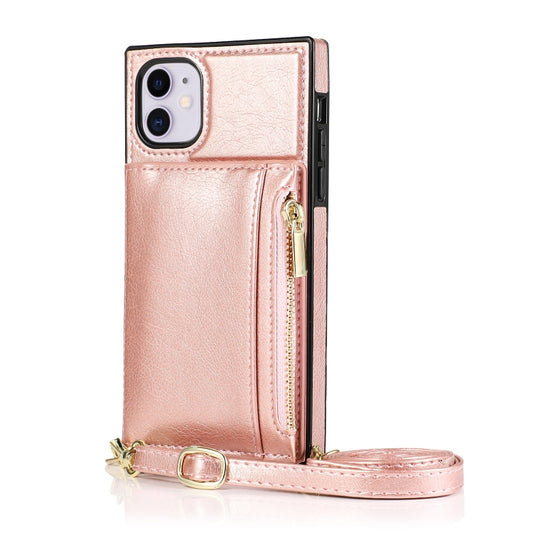 For iPhone 11 Square Zipper Wallet Bag TPU+PU Back Cover Case with Holder & Card Slots & Wallet & Cross-body Strap (Rose Glod) - iPhone 11 Cases by buy2fix | Online Shopping UK | buy2fix