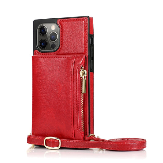 For iPhone 12 / 12 Pro Square Zipper Wallet Bag TPU+PU Back Cover Case with Holder & Card Slots & Wallet & Cross-body Strap(Red) - iPhone 12 / 12 Pro Cases by buy2fix | Online Shopping UK | buy2fix