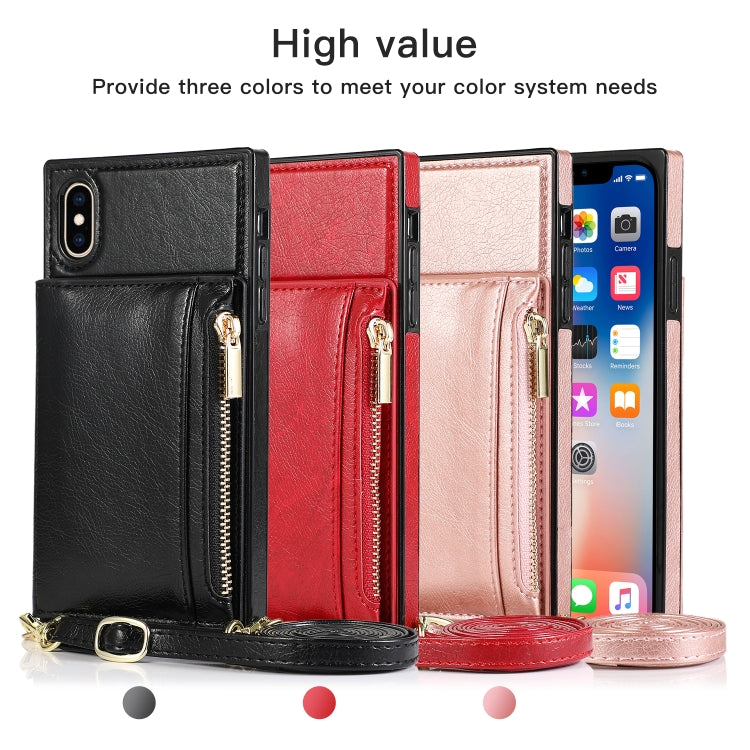 For iPhone X / XS Square Zipper Wallet Bag TPU+PU Back Cover Case with Holder & Card Slots & Wallet & Cross-body Strap(Red) - More iPhone Cases by buy2fix | Online Shopping UK | buy2fix