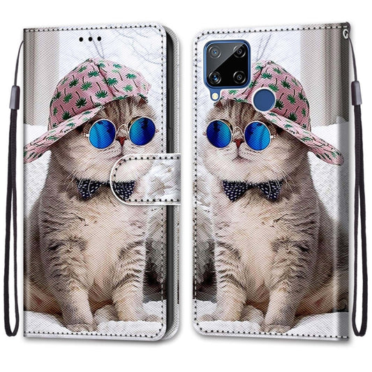 For OPPO Realme C15 / C12 / C25 / 7i (Global) / Narzo 20 / 30A Coloured Drawing Cross Texture Horizontal Flip PU Leather Case with Holder & Card Slots & Wallet & Lanyard(Slant Hat Blue Mirror Cat) by buy2fix