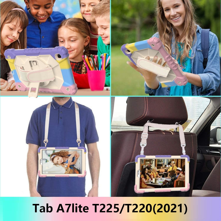 For Samsung Galaxy Tab A7 Lite T220 / T225 Contrast Color Robot Shockproof Silicon + PC Protective Case with Holder & Shoulder Strap(Colorful Purple Beige) by buy2fix