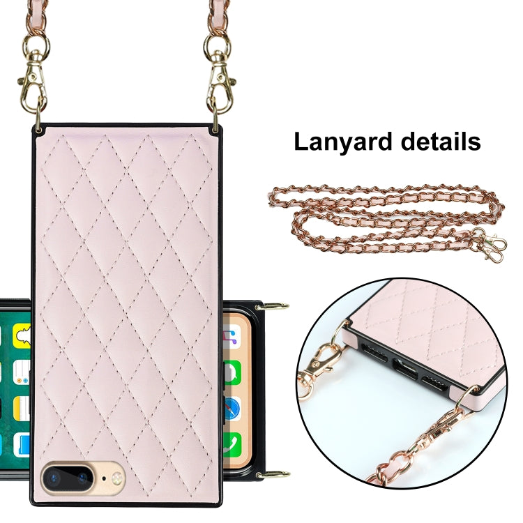 For iPhone SE 2022 / SE 2020 / 8 / 7 Elegant Rhombic Pattern Microfiber Leather +TPU Shockproof Case with Crossbody Strap Chain(Pink) - iPhone SE 2022 / 2020 / 8 / 7 Cases by buy2fix | Online Shopping UK | buy2fix
