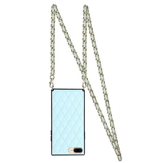 For iPhone SE 2022 / SE 2020 / 8 / 7 Elegant Rhombic Pattern Microfiber Leather +TPU Shockproof Case with Crossbody Strap Chain(Blue) - iPhone SE 2022 / 2020 / 8 / 7 Cases by buy2fix | Online Shopping UK | buy2fix