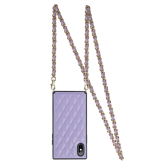 For iPhone X / XS Elegant Rhombic Pattern Microfiber Leather +TPU Shockproof Case with Crossbody Strap Chain(Purple) - More iPhone Cases by buy2fix | Online Shopping UK | buy2fix
