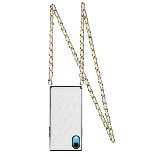For iPhone XR Elegant Rhombic Pattern Microfiber Leather +TPU Shockproof Case with Crossbody Strap Chain(White) - More iPhone Cases by buy2fix | Online Shopping UK | buy2fix