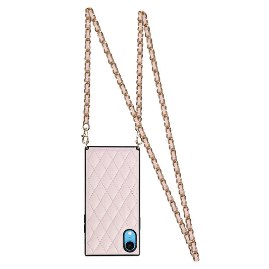 For iPhone XR Elegant Rhombic Pattern Microfiber Leather +TPU Shockproof Case with Crossbody Strap Chain(Pink) - More iPhone Cases by buy2fix | Online Shopping UK | buy2fix