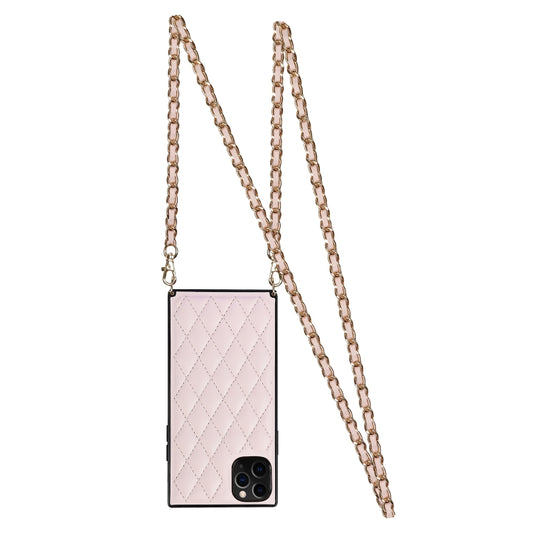 For iPhone 11 Pro Max Elegant Rhombic Pattern Microfiber Leather +TPU Shockproof Case with Crossbody Strap Chain (Pink) - iPhone 11 Pro Max Cases by buy2fix | Online Shopping UK | buy2fix