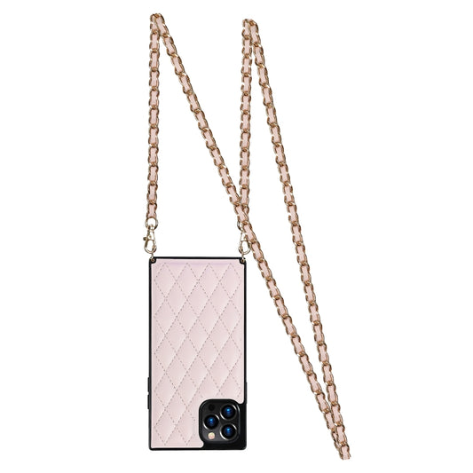 For iPhone 12 Pro Max Elegant Rhombic Pattern Microfiber Leather +TPU Shockproof Case with Crossbody Strap Chain(Pink) - iPhone 12 Pro Max Cases by buy2fix | Online Shopping UK | buy2fix