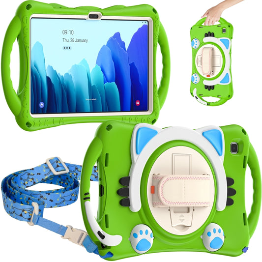 For Samsung Galaxy Tab A7 10.4 2020 SM-T500 Cute Cat King Kids Shockproof Silicone Tablet Case with Holder & Shoulder Strap & Handle(Green) - Other Galaxy Tab PC by buy2fix | Online Shopping UK | buy2fix