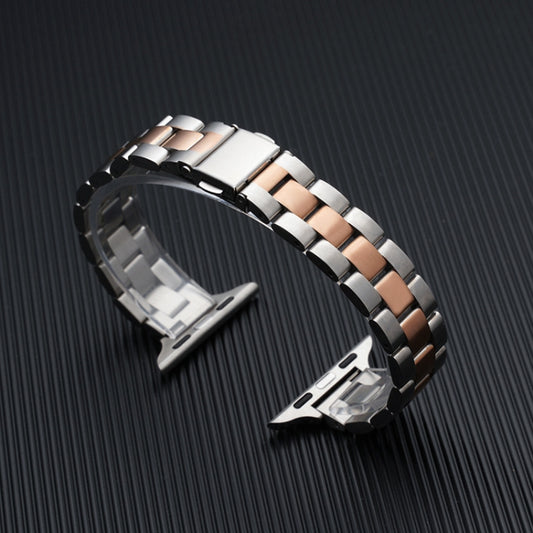 Three-beads Steel Watch Band For Apple Watch Ultra 49mm&Watch Ultra 2 49mm / Series 9&8&7 45mm / SE 3&SE 2&6&SE&5&4 44mm / 3&2&1 42mm (Silver+Rose Gold) by buy2fix