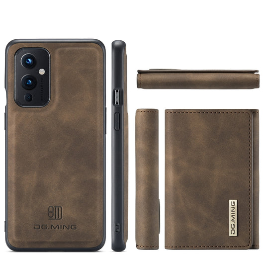 For OnePlus 9 (EU/NA) DG.MING M1 Series 3-Fold Multi Card Wallet Back Cover Shockproof Case with Holder Function(Coffee) by DG.MING