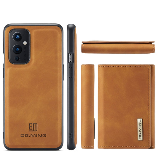 For OnePlus 9 (EU/NA) DG.MING M1 Series 3-Fold Multi Card Wallet Back Cover Shockproof Case with Holder Function(Brown) by DG.MING