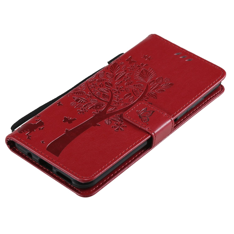 For Nokia G10 Tree & Cat Pattern Pressed Printing Horizontal Flip PU Leather Case with Holder & Card Slots & Wallet & Lanyard(Red) by buy2fix