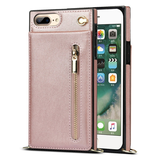 Cross-body Zipper Square TPU+PU Back Cover Case with Holder & Card Slots & Wallet & Strap For iPhone 8 Plus / 7 Plus(Rose Gold) by buy2fix