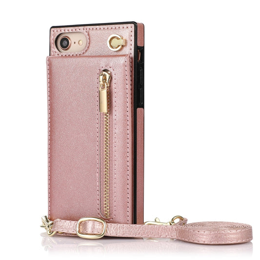 For iPhone SE 2022 / SE 2020 / 8 / 7 Cross-body Zipper Square TPU+PU Back Cover Case with Holder & Card Slots & Wallet & Strap(Rose Gold) by buy2fix