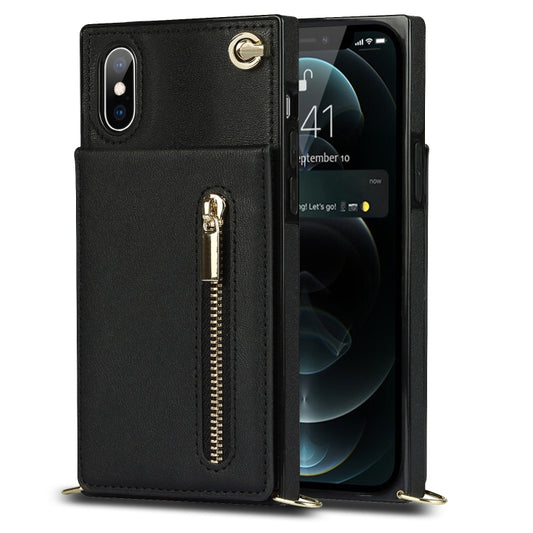 For iPhone X / XS Cross-body Zipper Square TPU+PU Back Cover Case with Holder & Card Slots & Wallet & Strap(Black) - More iPhone Cases by buy2fix | Online Shopping UK | buy2fix