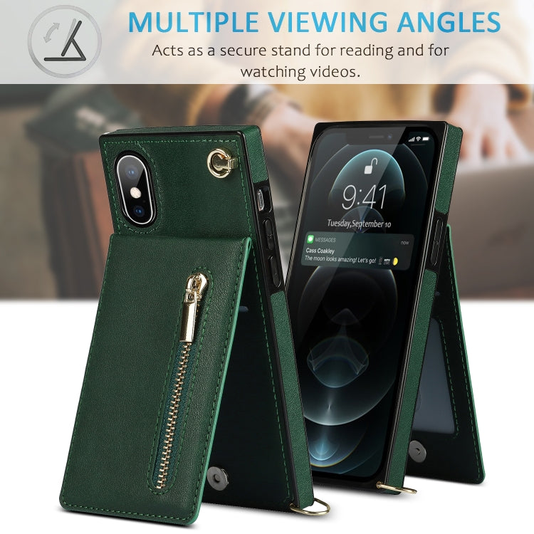 For iPhone X / XS Cross-body Zipper Square TPU+PU Back Cover Case with Holder & Card Slots & Wallet & Strap(Green) - More iPhone Cases by buy2fix | Online Shopping UK | buy2fix