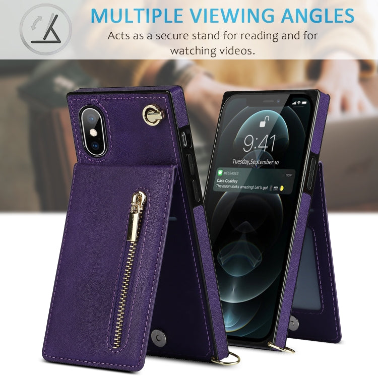For iPhone X / XS Cross-body Zipper Square TPU+PU Back Cover Case with Holder & Card Slots & Wallet & Strap(Purple) - More iPhone Cases by buy2fix | Online Shopping UK | buy2fix