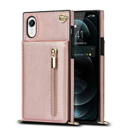 For iPhone XR Cross-body Zipper Square TPU+PU Back Cover Case with Holder & Card Slots & Wallet & Strap(Rose Gold) by buy2fix
