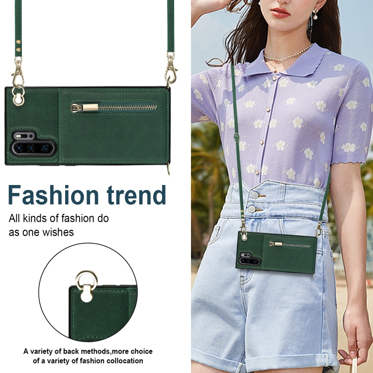 For Huawei P30 Pro Cross-body Zipper Square TPU+PU Back Cover Case with Holder & Card Slots & Wallet & Strap(Green) by buy2fix