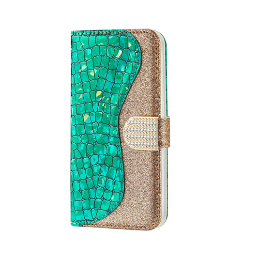 For iPhone 13 Laser Glitter Powder Matching Crocodile Texture Horizontal Flip Leather Case with Card Slots & Holder & Wallet(Green) by buy2fix