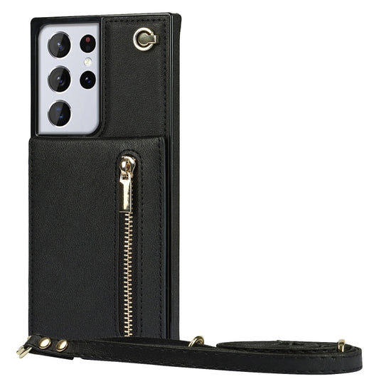For Samsung Galaxy S21 Ultra 5G Cross-body Zipper Square TPU+PU Back Cover Case with Holder & Card Slots & Wallet & Strap(Black) by buy2fix