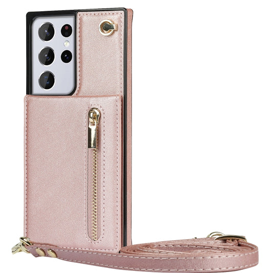 For Samsung Galaxy S21 Ultra 5G Cross-body Zipper Square TPU+PU Back Cover Case with Holder & Card Slots & Wallet & Strap(Rose Gold) by buy2fix