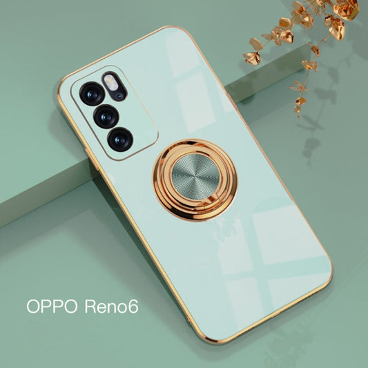 For OPPO Reno6 6D Electroplating Full Coverage Silicone Protective Case with Magnetic Ring Holder(Light Cyan) by buy2fix
