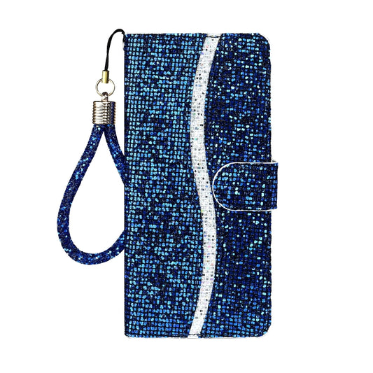 For iPhone 13 Pro Max Glitter Powder Horizontal Flip Leather Case with Card Slots & Holder & Lanyard (Blue) by buy2fix