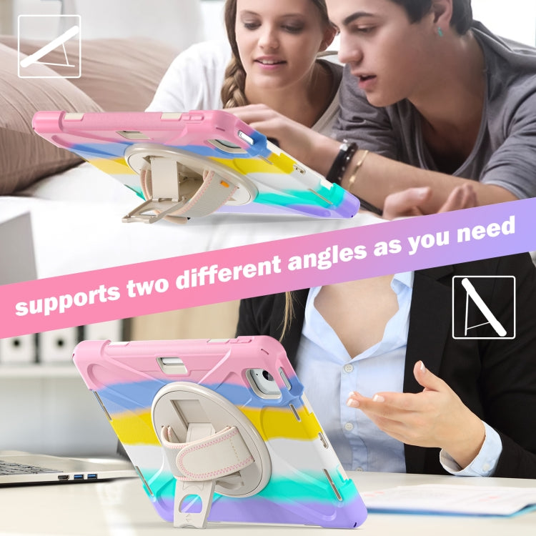 For iPad Air 11 2024 / Air 5 10.9 2022 / Air 4 10.9 2020 / Pro 11 2022 /2021 / 2018 / 2020 Silicone + PC Protective Tablet Case with Holder & Shoulder Strap(Colorful Pink) by buy2fix