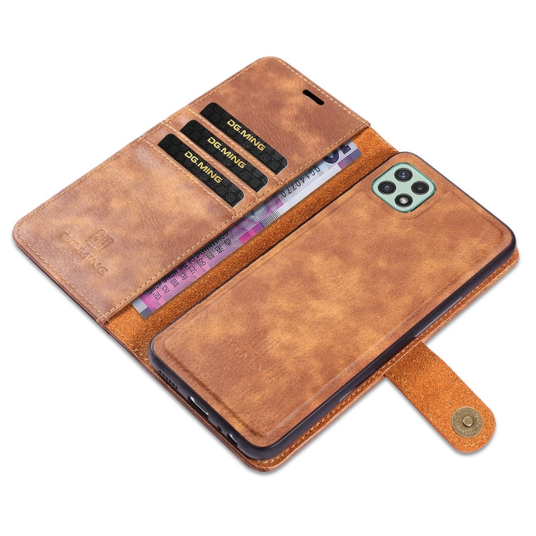 For Samsung Galaxy A22 5G DG.MING Crazy Horse Texture Flip Detachable Magnetic Leather Case with Holder & Card Slots & Wallet(Brown) by DG.MING