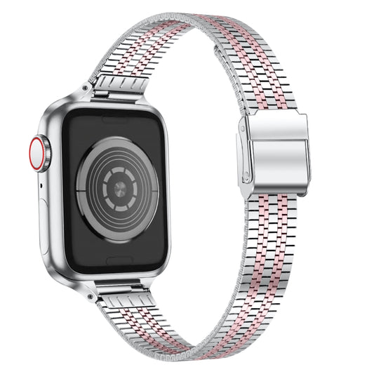 14mm Seven-beads Double Safety Buckle Slim Steel Watch Band For Apple Watch Series 9&8&7 41mm / SE 3&SE 2&6&SE&5&4 40mm / 3&2&1 38mm(Silver Pink) by buy2fix