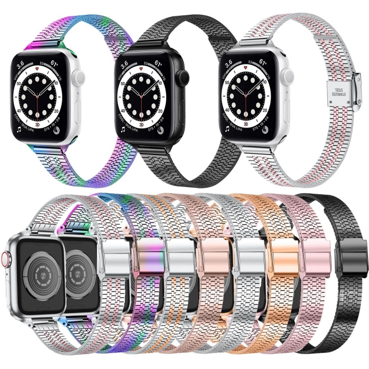 14mm Seven-beads Double Safety Buckle Slim Steel Watch Band For Apple Watch Series 9&8&7 41mm / SE 3&SE 2&6&SE&5&4 40mm / 3&2&1 38mm(Silver Pink) by buy2fix