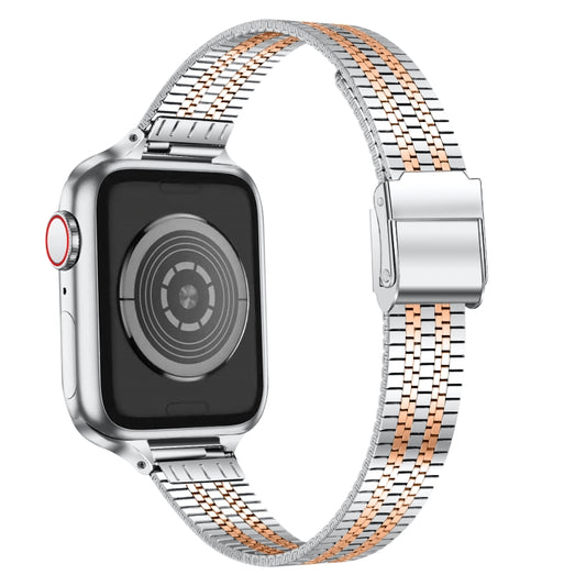 14mm Seven-beads Double Safety Buckle Slim Steel Watch Band For Apple Watch Ultra 49mm&Watch Ultra 2 49mm / Series 9&8&7 45mm / SE 3&SE 2&6&SE&5&4 44mm / 3&2&1 42mm(Silver Gold) by buy2fix