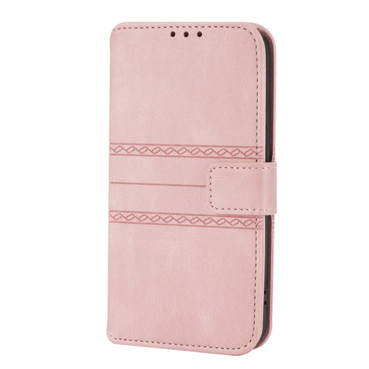 For iPhone 13 Pro Embossed Striped Magnetic Buckle PU + TPU Horizontal Flip Leather Case with Holder & Card Slot & Wallet & Photo Frame & Sling (Pink) by buy2fix