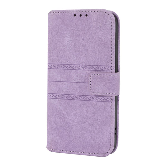 For iPhone 13 Pro Max Embossed Striped Magnetic Buckle PU + TPU Horizontal Flip Leather Case with Holder & Card Slot & Wallet & Photo Frame & Sling (Purple) by buy2fix