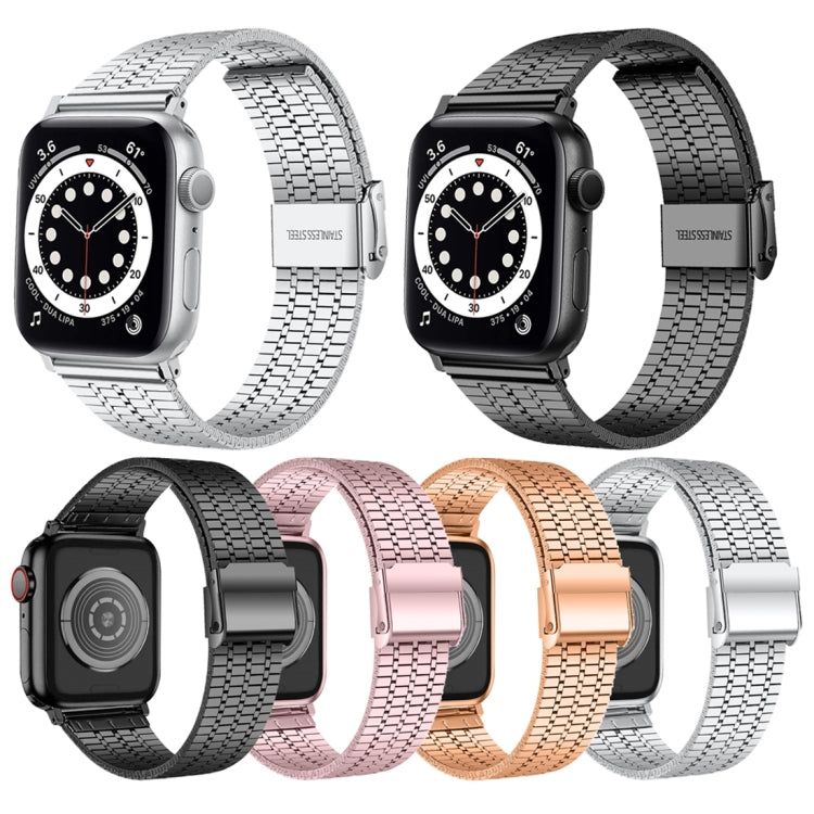 Seven-beads Double Safety Buckle Steel Watch Band For Apple Watch Series 9&8&7 41mm / SE 3&SE 2&6&SE&5&4 40mm / 3&2&1 38mm(Silver) by buy2fix