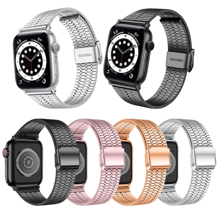 Seven-beads Double Safety Buckle Steel Watch Band For Apple Watch Ultra 49mm&Watch Ultra 2 49mm / Series 9&8&7 45mm / SE 3&SE 2&6&SE&5&4 44mm / 3&2&1 42mm(Rose Pink) by buy2fix