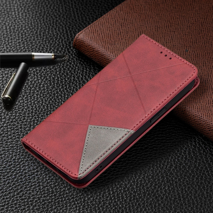 For iPhone 13 Pro Rhombus Texture Horizontal Flip Magnetic Leather Case with Holder & Card Slots (Red) by buy2fix