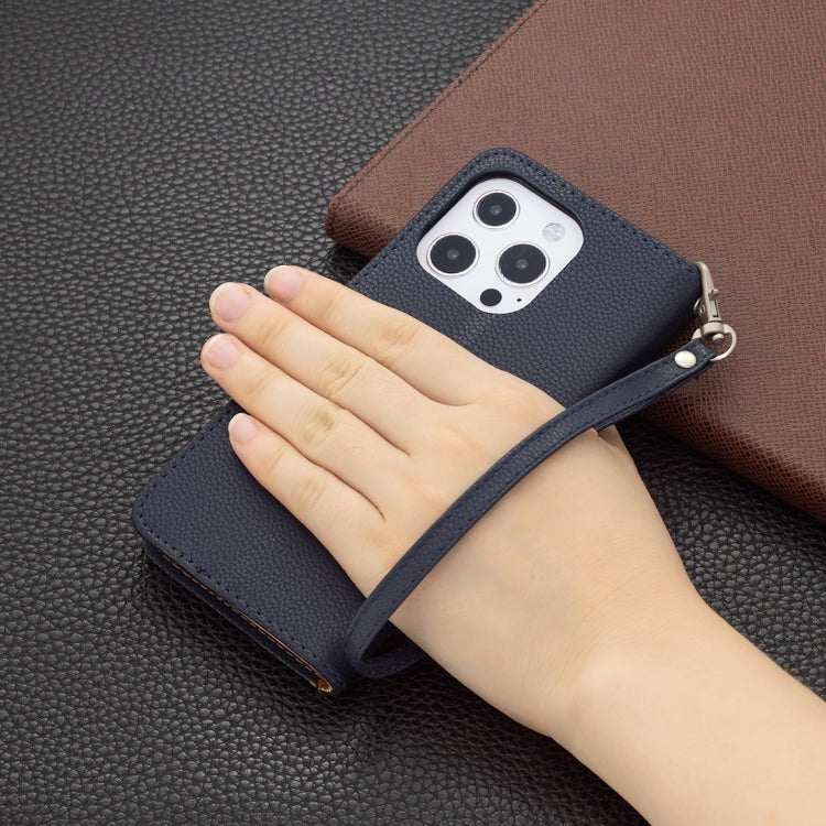 For iPhone 13 Pro Max Litchi Texture Pure Color Horizontal Flip Leather Case with Holder & Card Slots & Wallet & Lanyard (Blue) by buy2fix