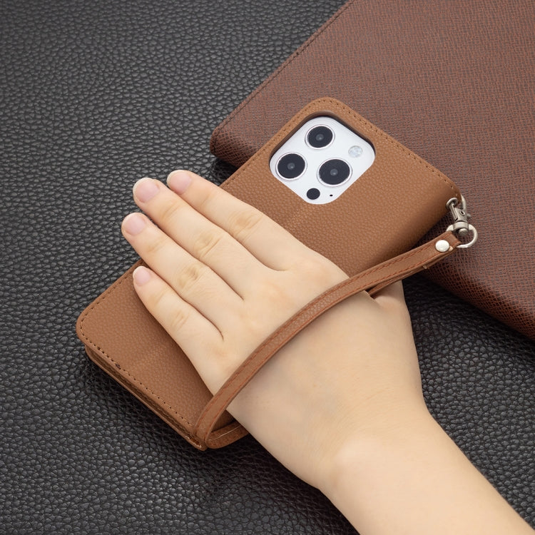 For iPhone 13 Pro Max Litchi Texture Pure Color Horizontal Flip Leather Case with Holder & Card Slots & Wallet & Lanyard (Brown) by buy2fix