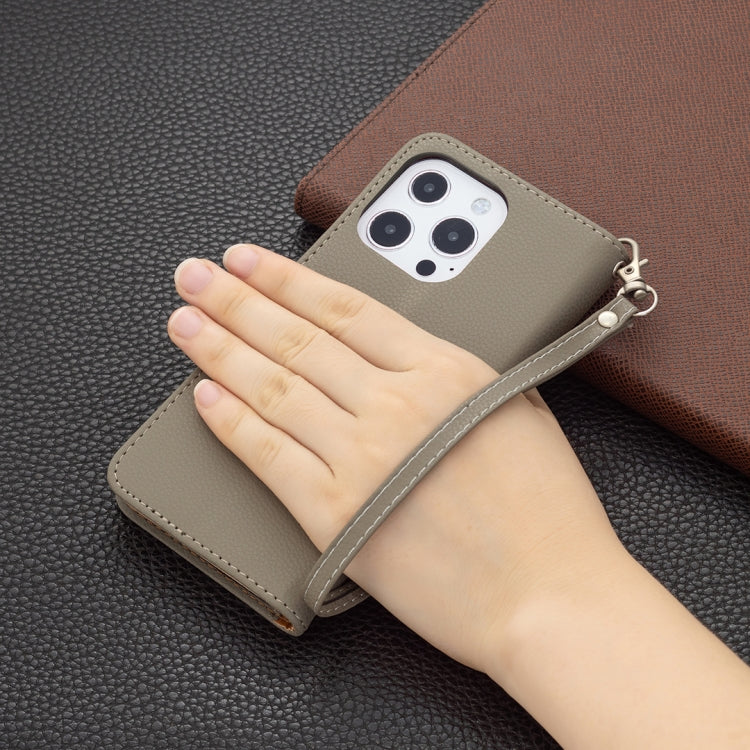 For iPhone 13 Pro Max Litchi Texture Pure Color Horizontal Flip Leather Case with Holder & Card Slots & Wallet & Lanyard (Grey) by buy2fix